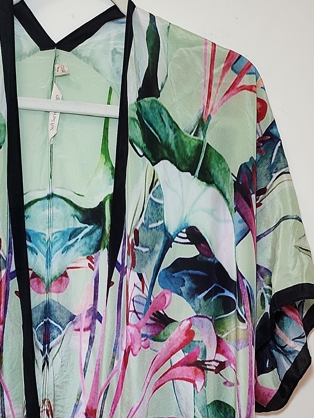 Soft Surroundings Emerald Isle silk topper tropical-themed open-front kimono S/M - Picture 11 of 16